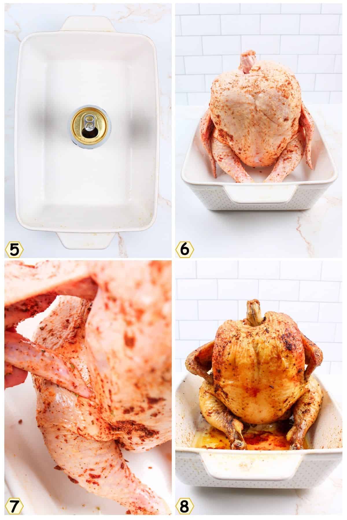 sit chicken on half filled beer can, tuck in wings and bake.