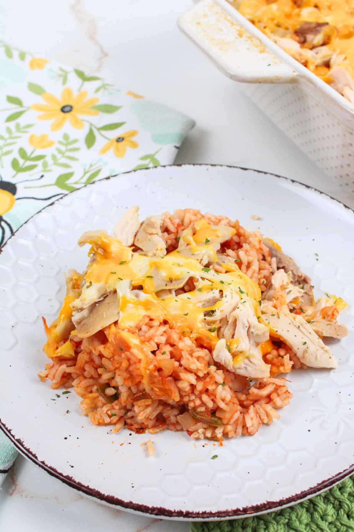 cheesy salsa chicken and rice on a serving plate.