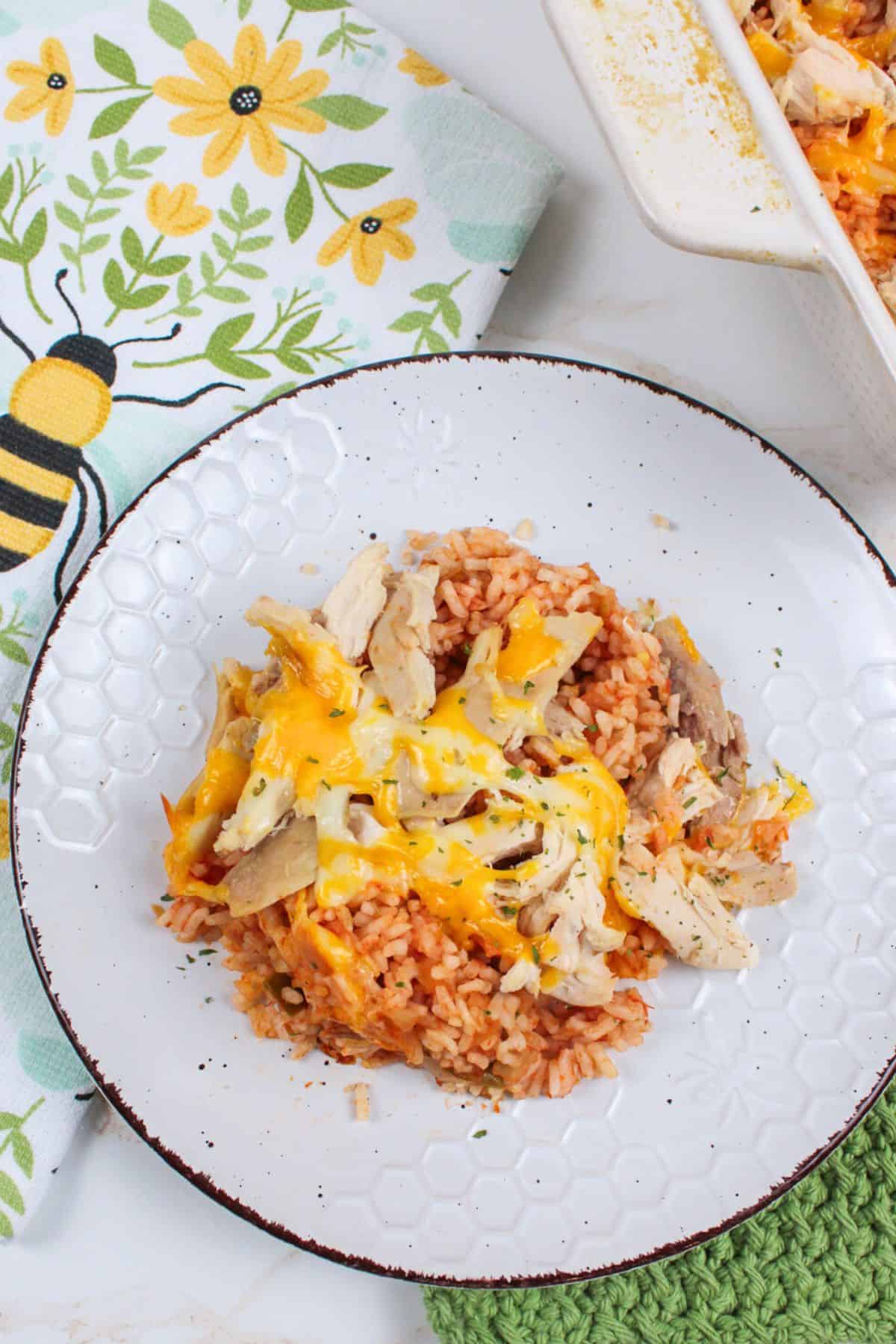 cheesy salsa chicken and rice on a serving plate with the baking dish nearby.