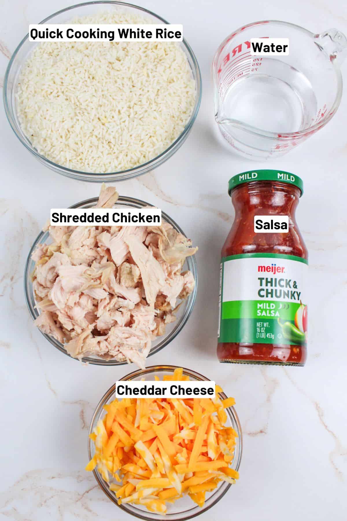 labeled ingredients needed to make cheesy salsa chicken and rice.