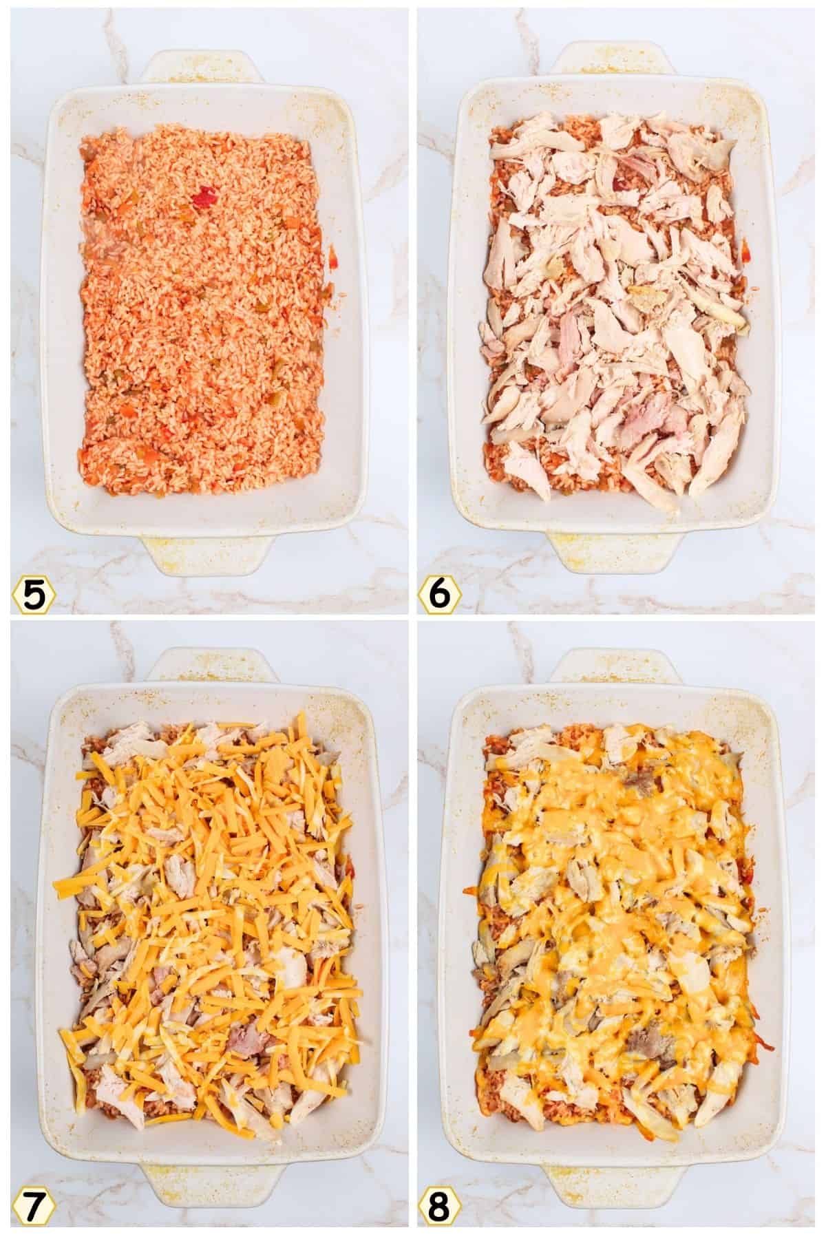 spread rice in pan, add chicken and cheese then bake.