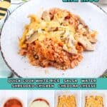 promotional graphic for cheesy salsa chicken and rice.
