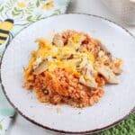 cheesy salsa chicken and rice on a serving plate.