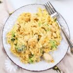 chicken divan casserole on a plate with a fork.