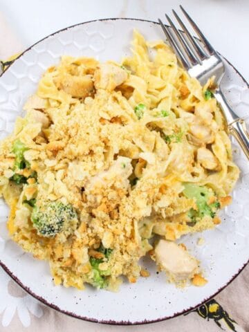 chicken divan casserole on a plate with a fork.