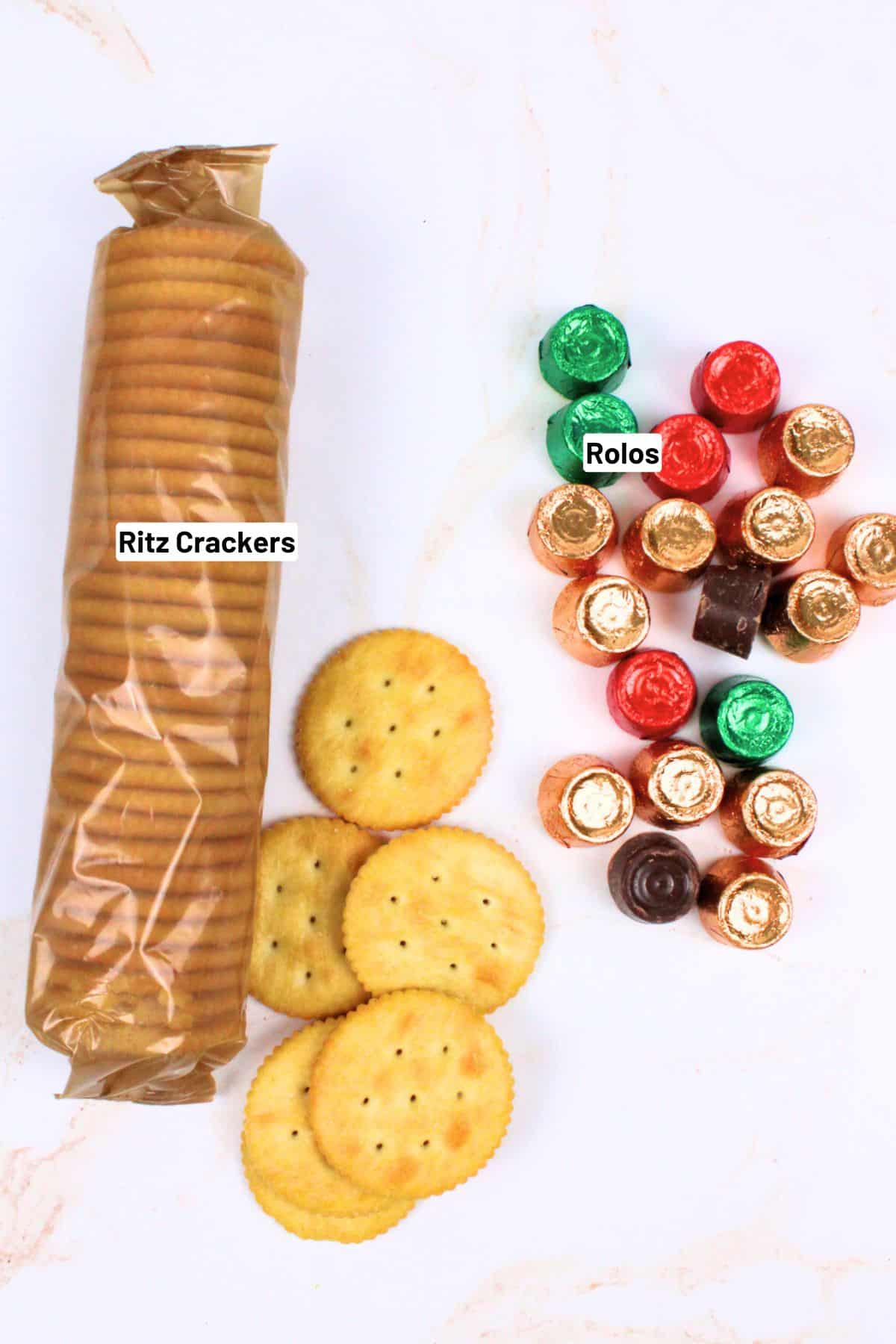 labeled ingredients needed to make rolo stuffedd ritz crackers.