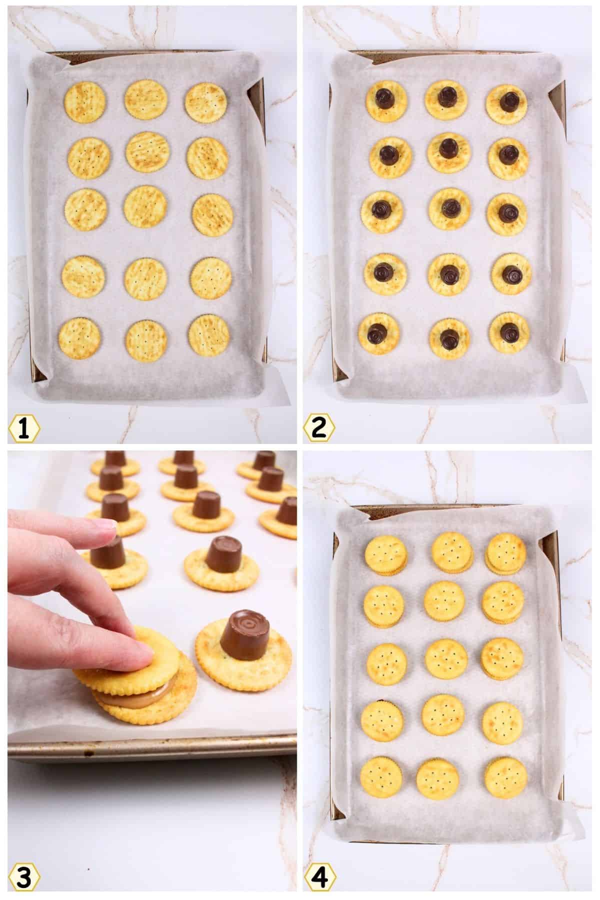 lay crackers, add unwrapped chocolates, bake and smoosh top cracker on top.