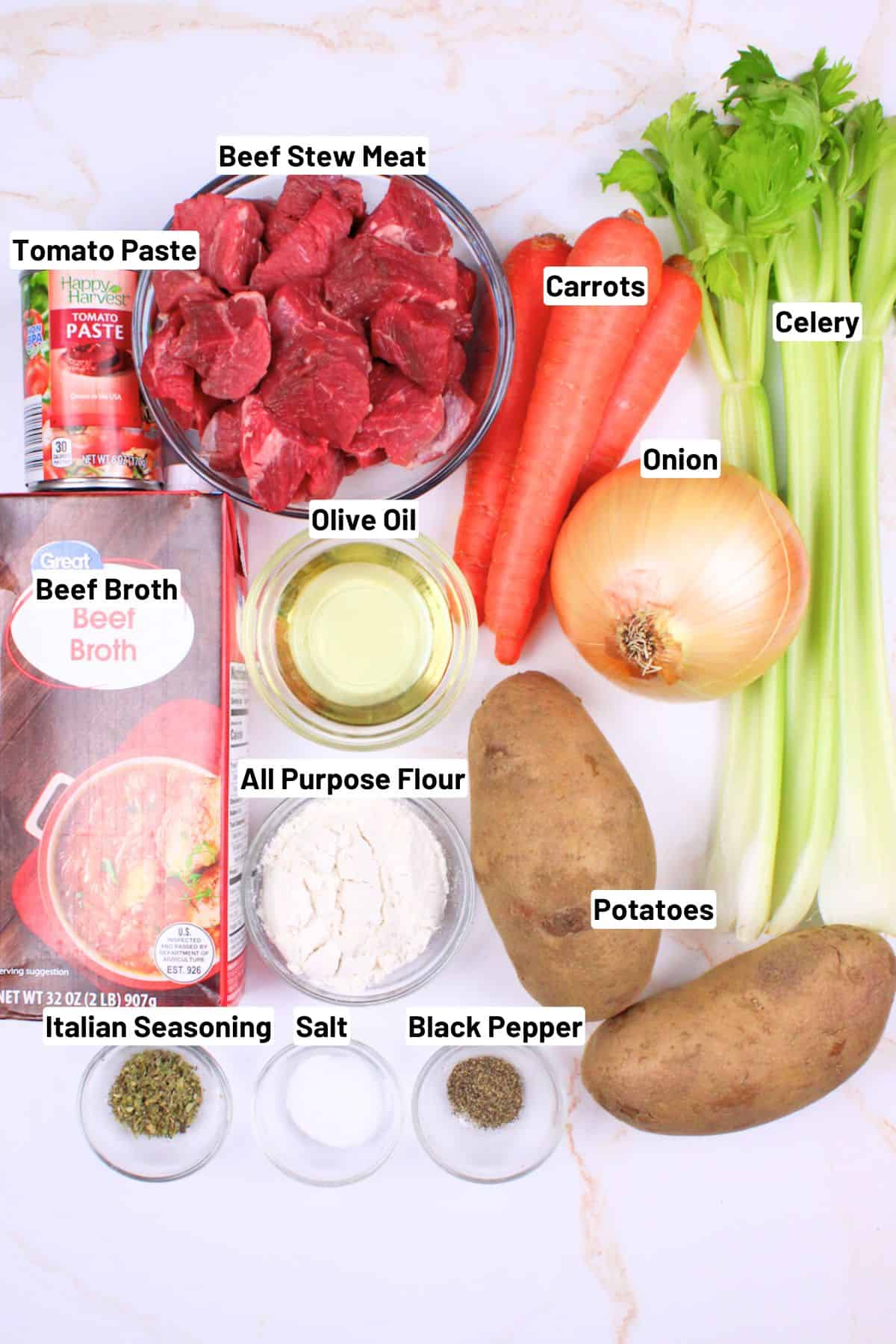 labeled ingredients needed to make stove top beef stew.