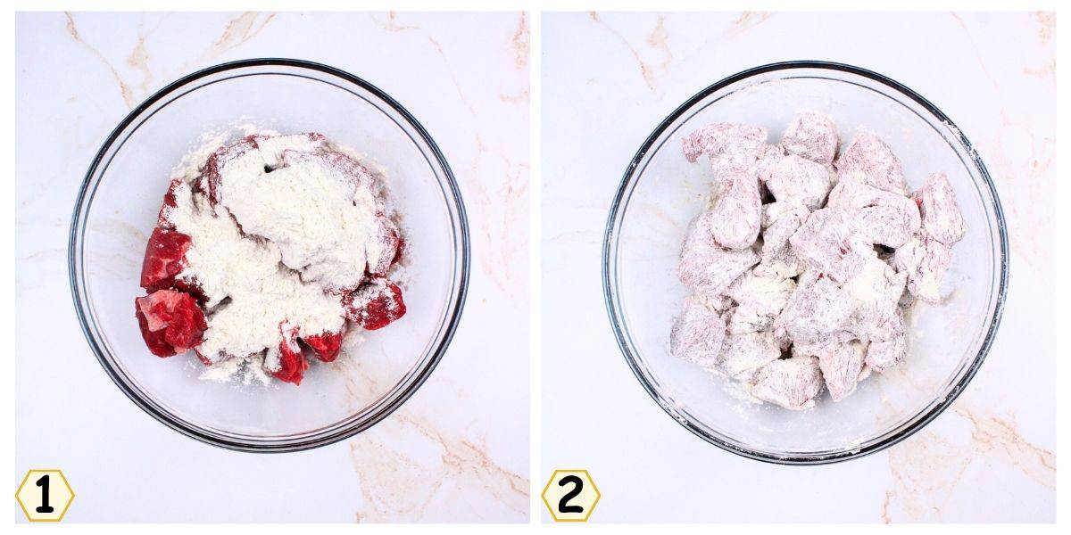 mix meat with flour in bowl.