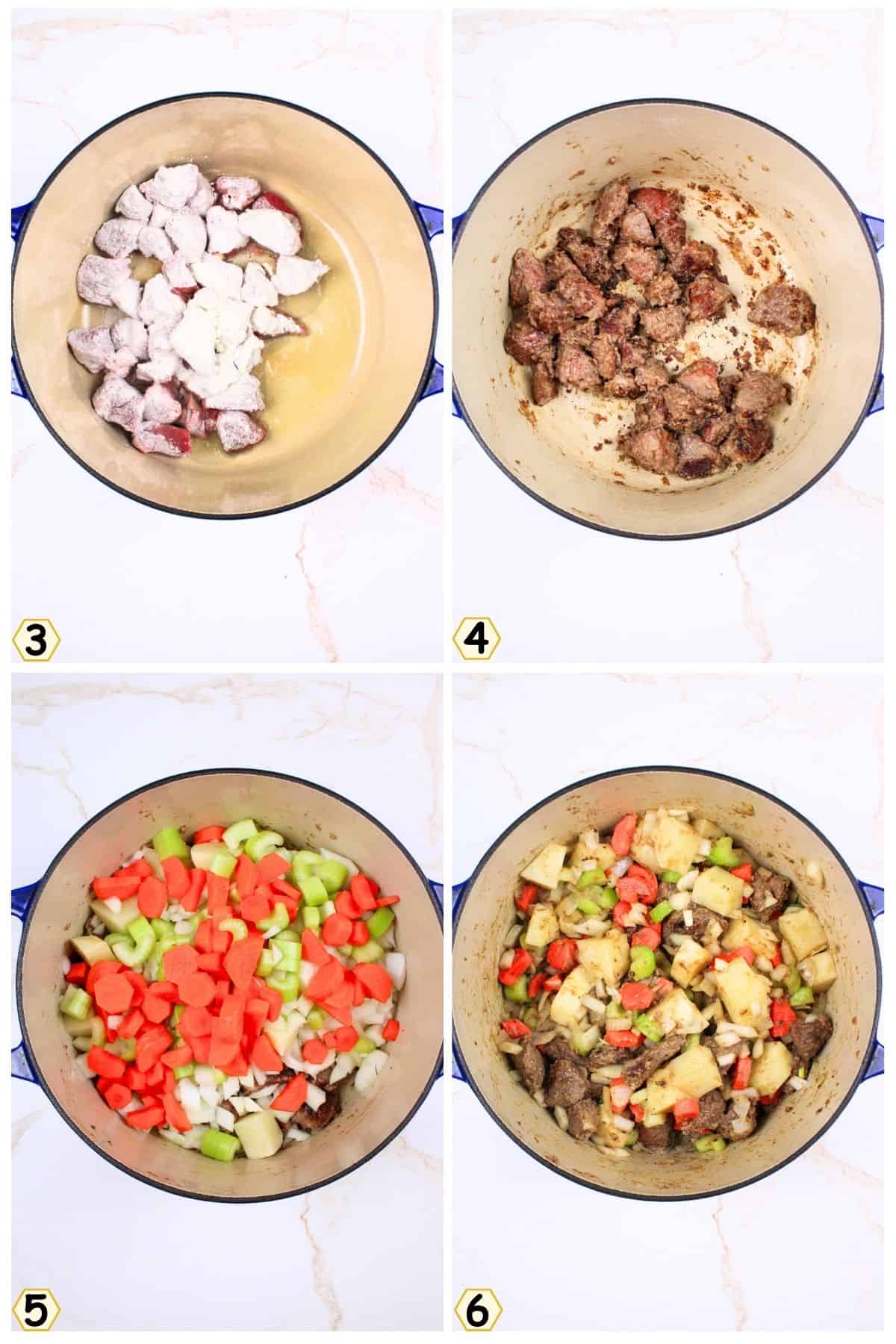 saute meat in pot then add veggies.