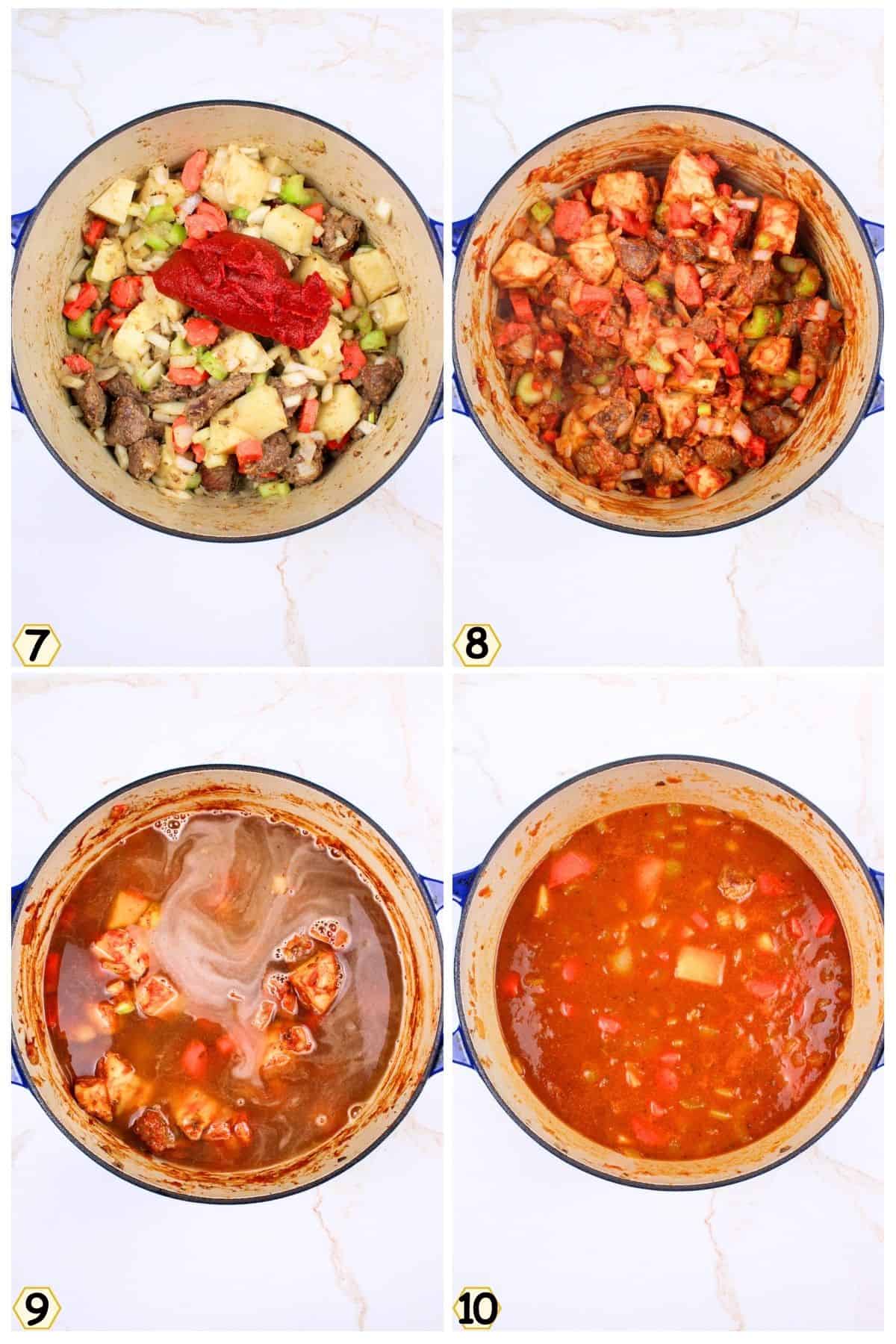 add tomato paste and seasonings, add broth and simmer.