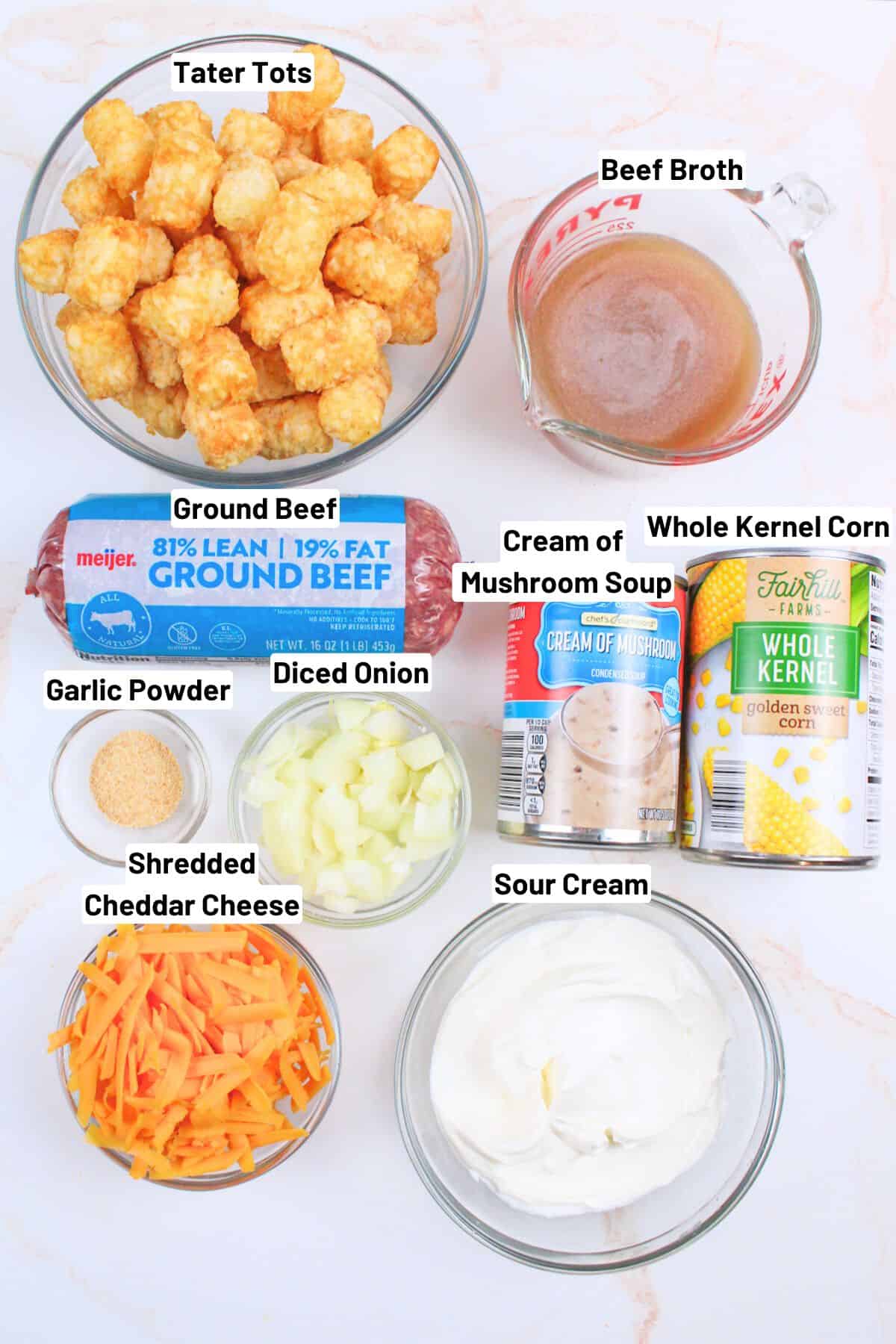 labeled ingredients needed to make instant pot tater tot casserole.