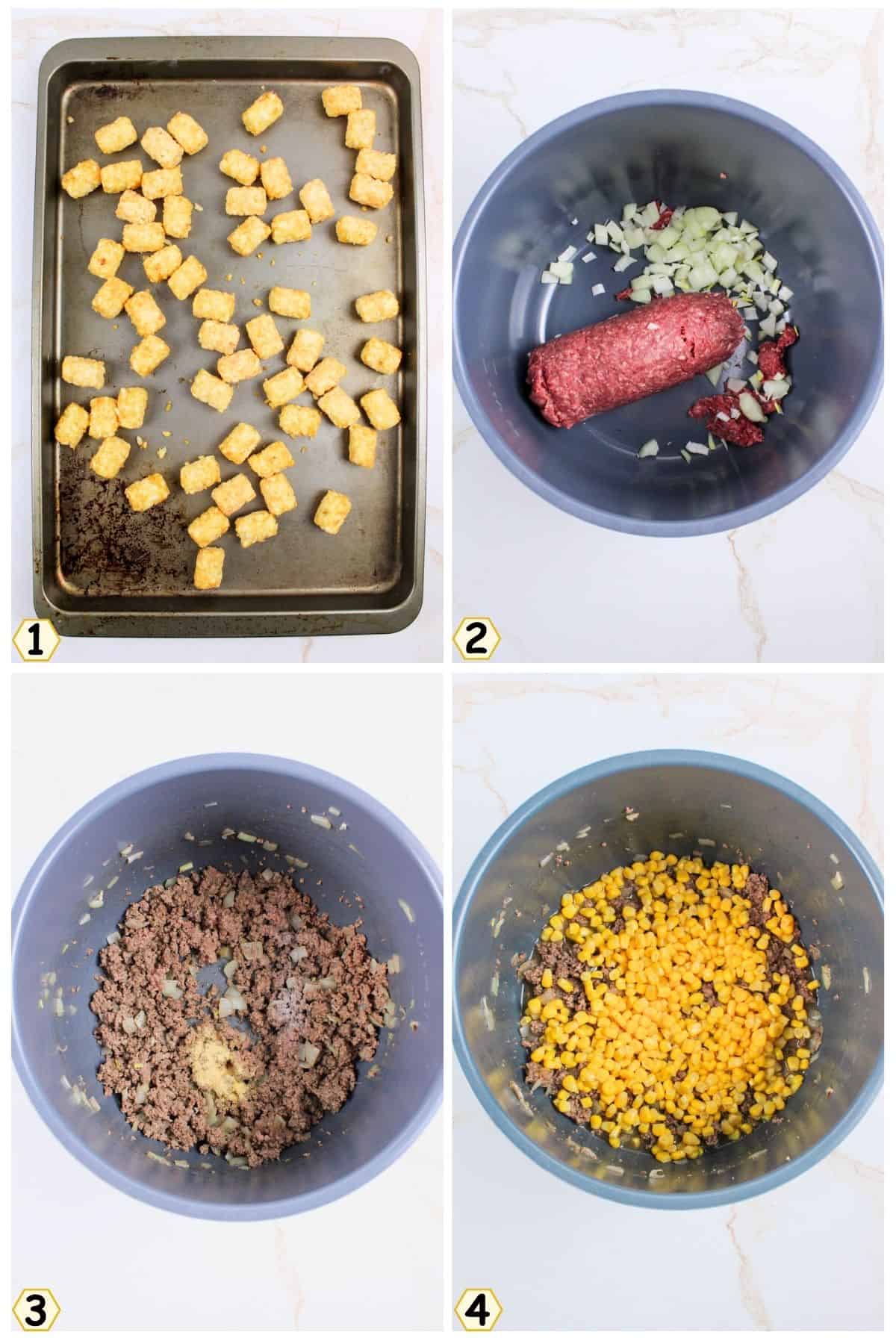 bake tots, brown onions and beef, drain add seasonings and corn.