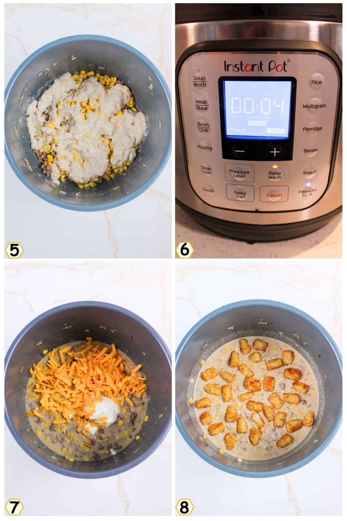 layer soup and pressure cook 4 minutes, stir in cheese and cream and tots.