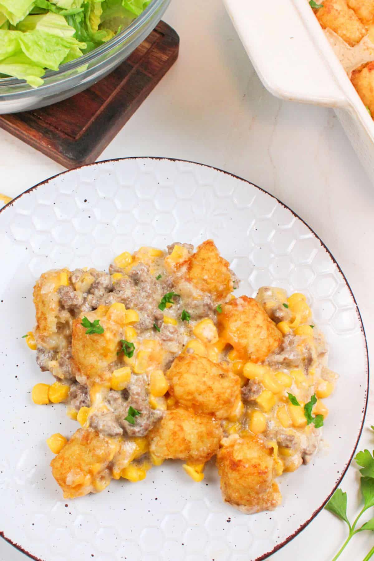 a serving of tater tot casserole on a plate.