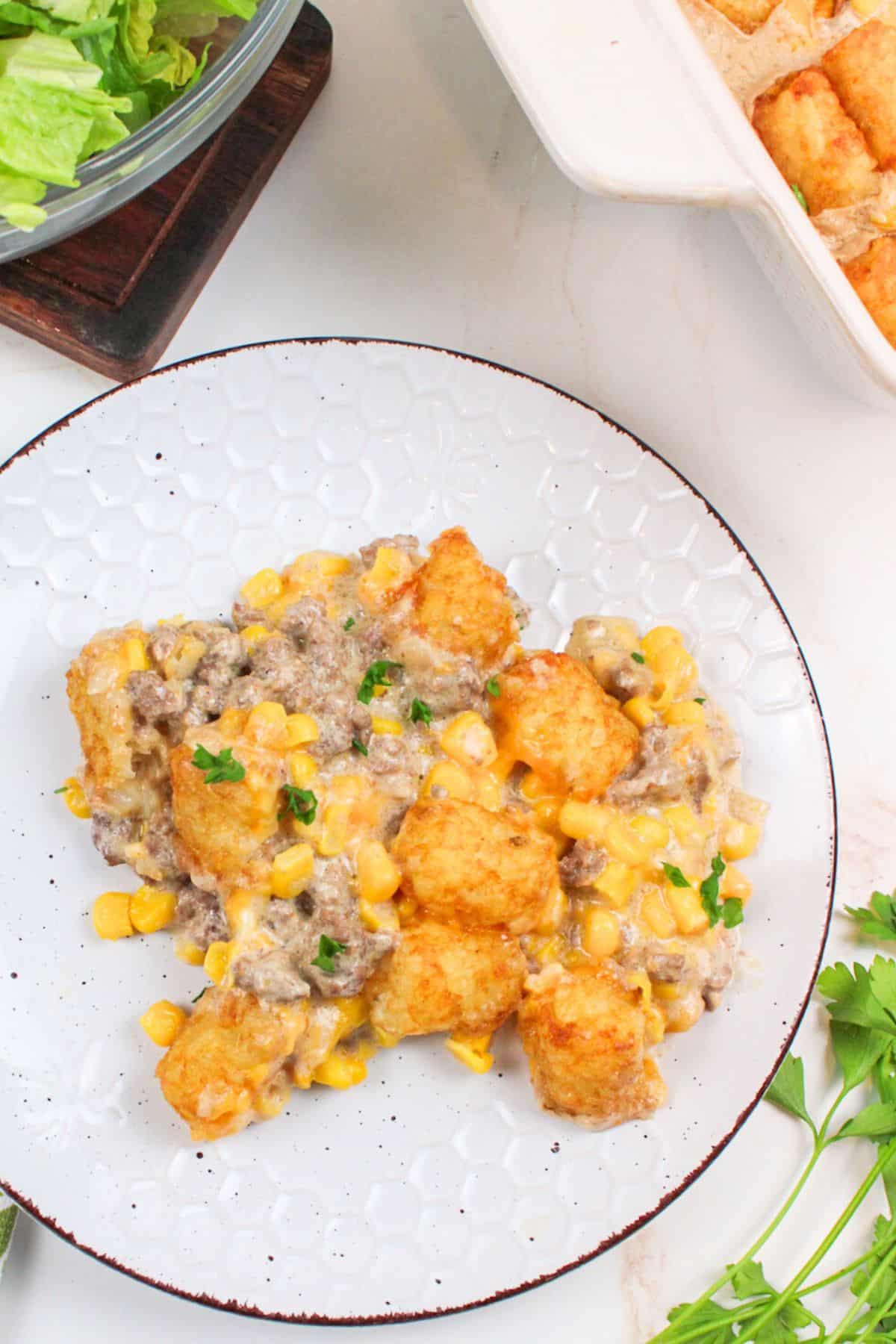 a serving of tater tot casserole on a plate.