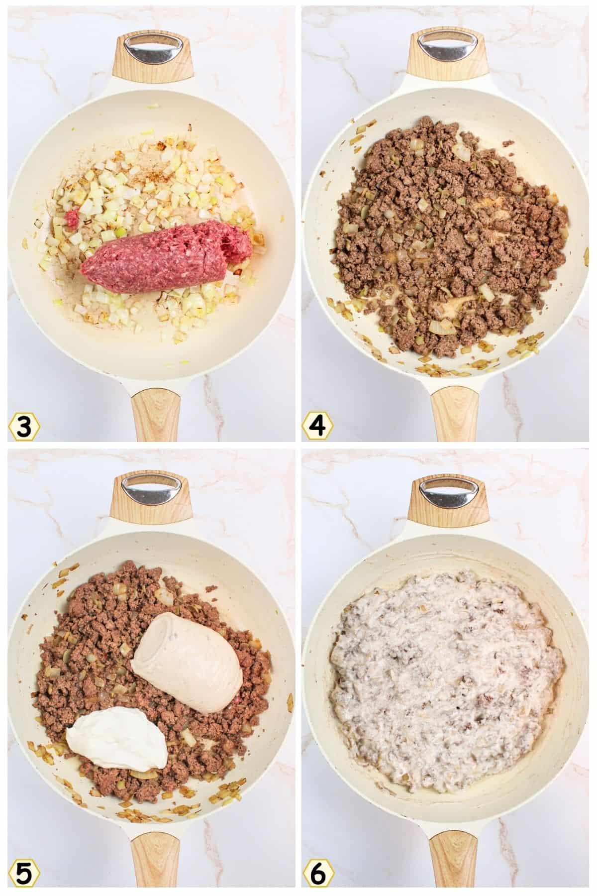 add in ground beef, cook until browned, drain and stir in soup and sour cream.