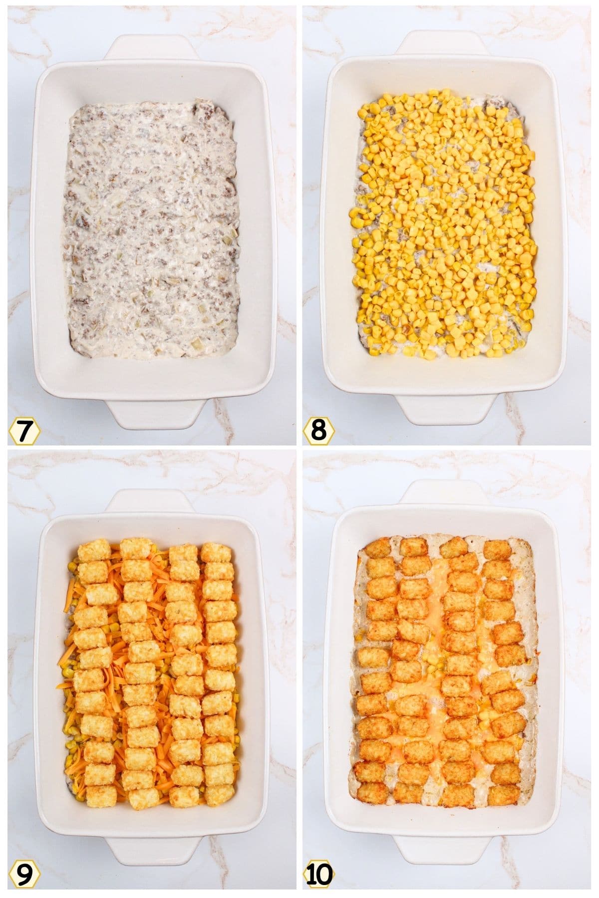 spread in baking dish, top with corn, cheese, tots and bake.