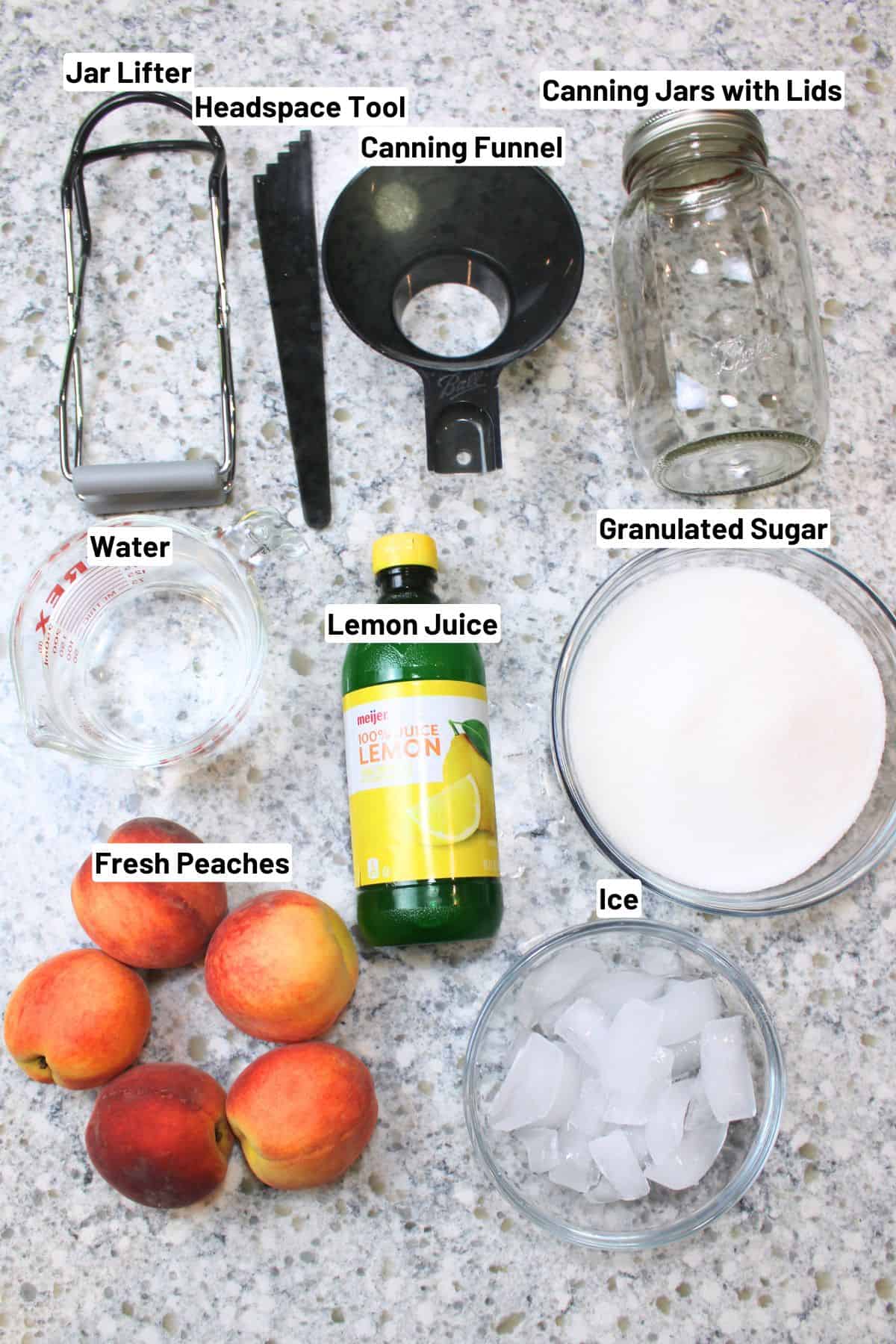 labeled photo showing the ingredients and tools needed to can your own peaches.