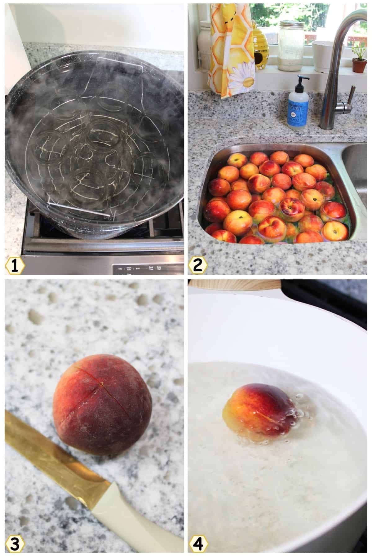 sanitize jars, wash peaches, cut x and boil momentarily.