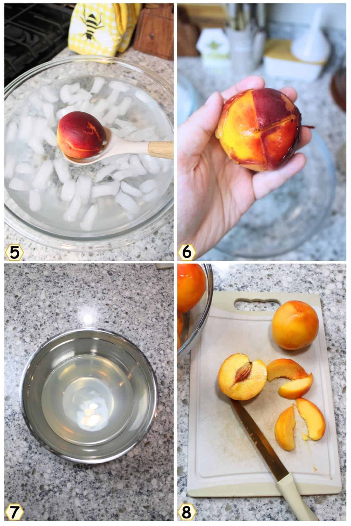 ice bath peach, peel skin, prep lemon water and slice peaches.