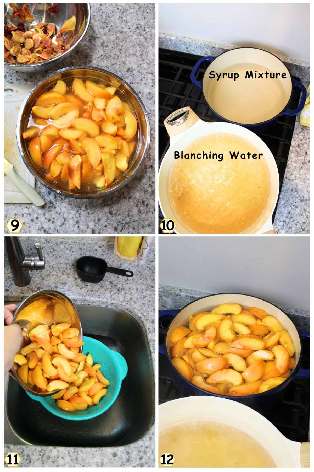 soak peaches in lemon water, prep syrup, drain peaches, add to syrup.