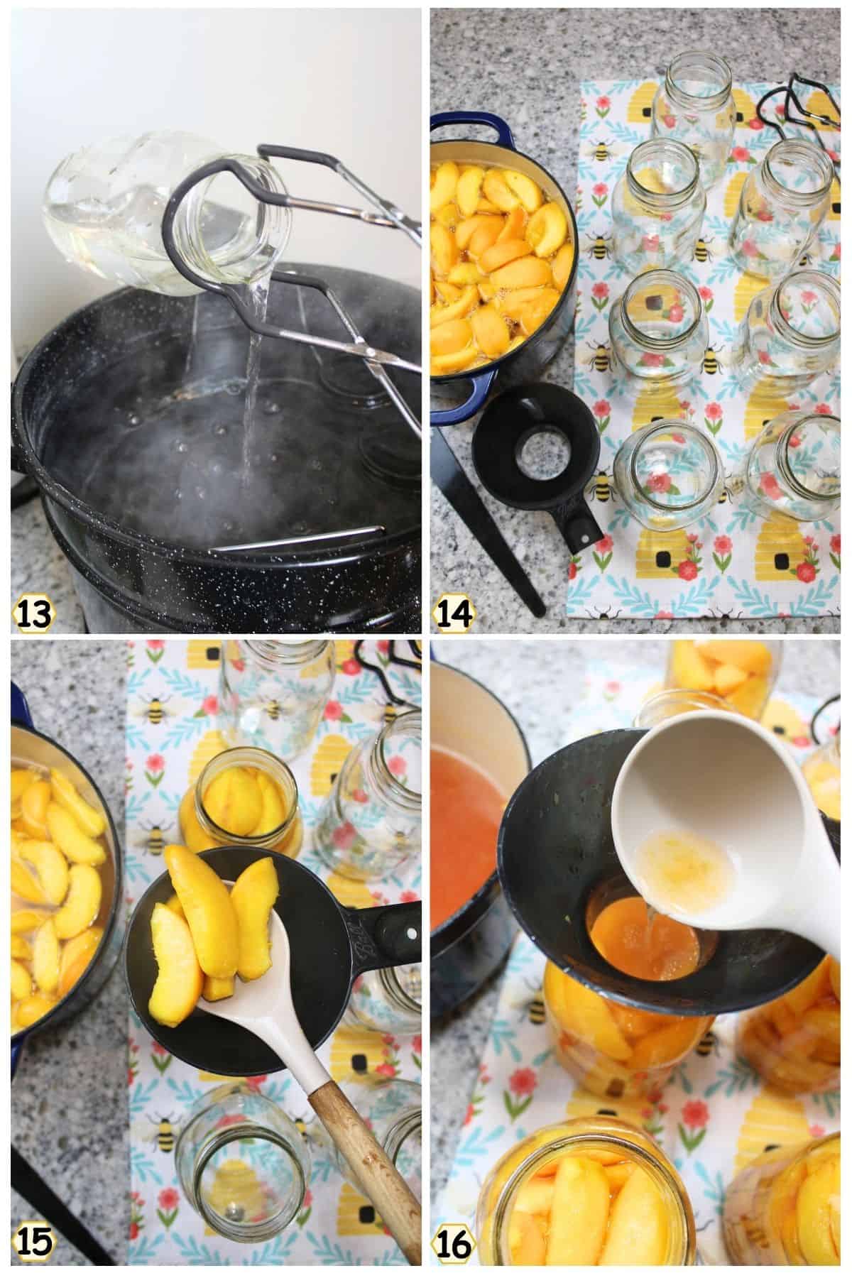 remove warm jars, add peaches and syrup.