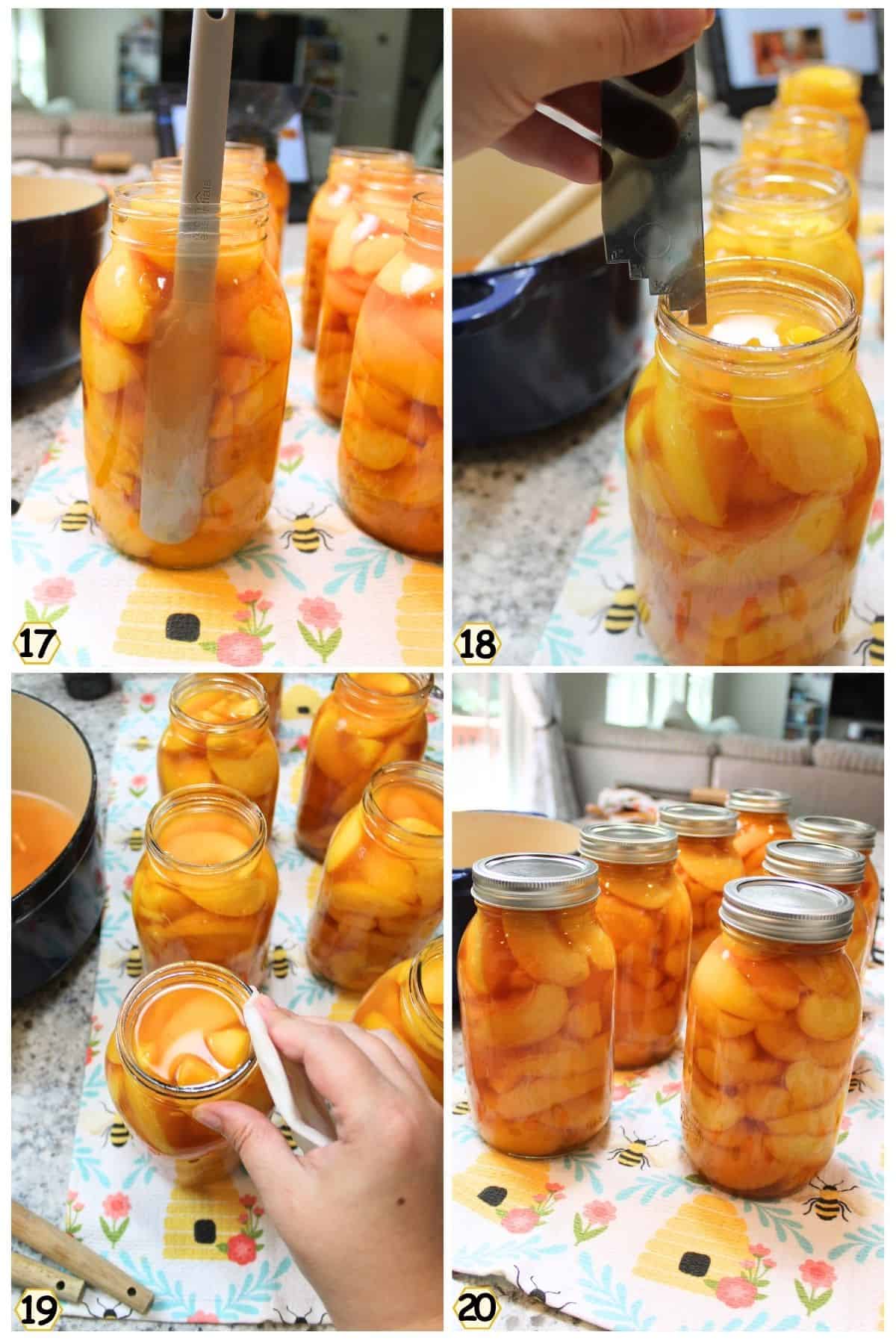 remove air bubbles from jars, measure headspace, wipe rims, add tops.