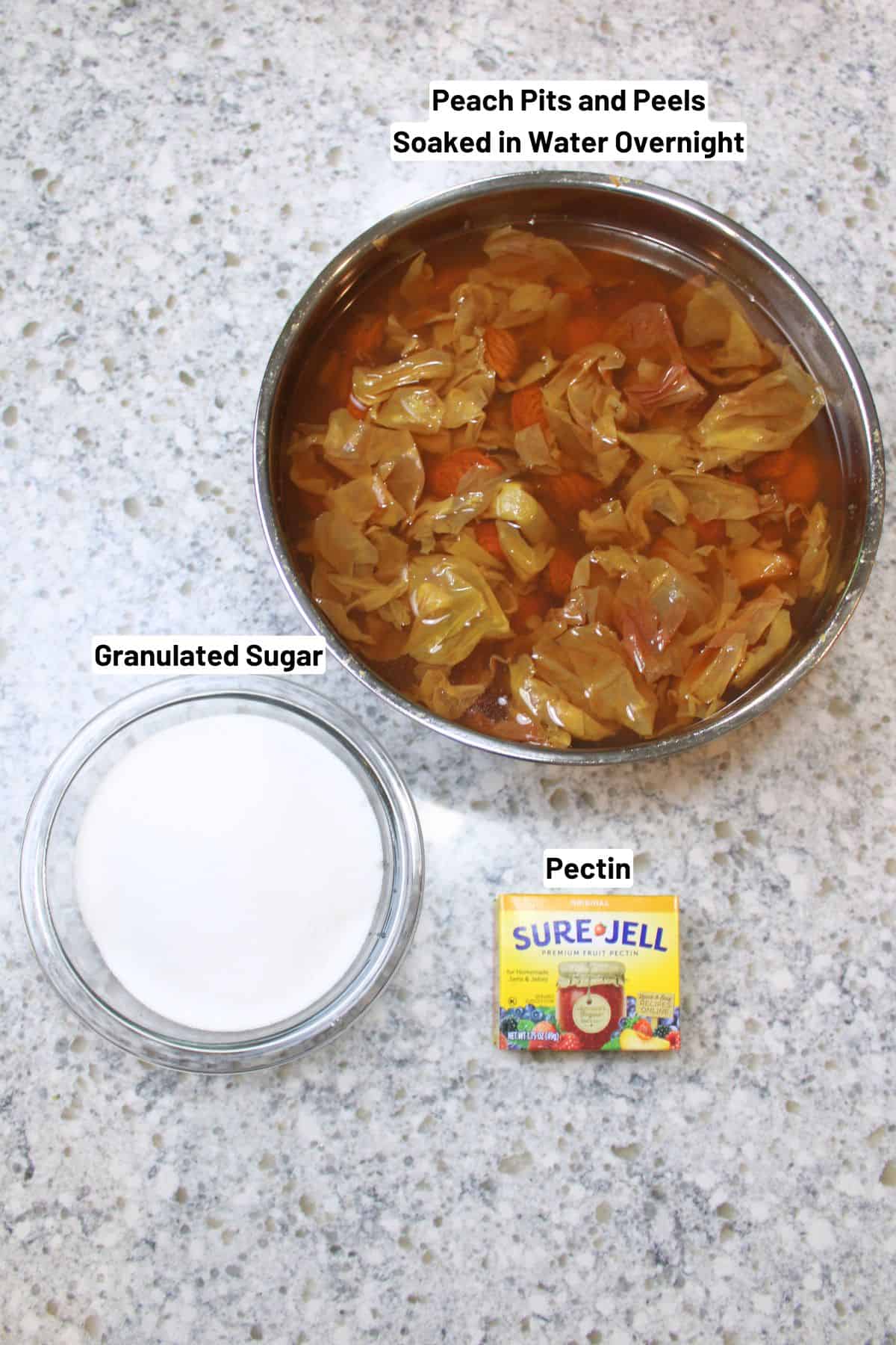 labeled ingredients needed to make peach peel jelly.