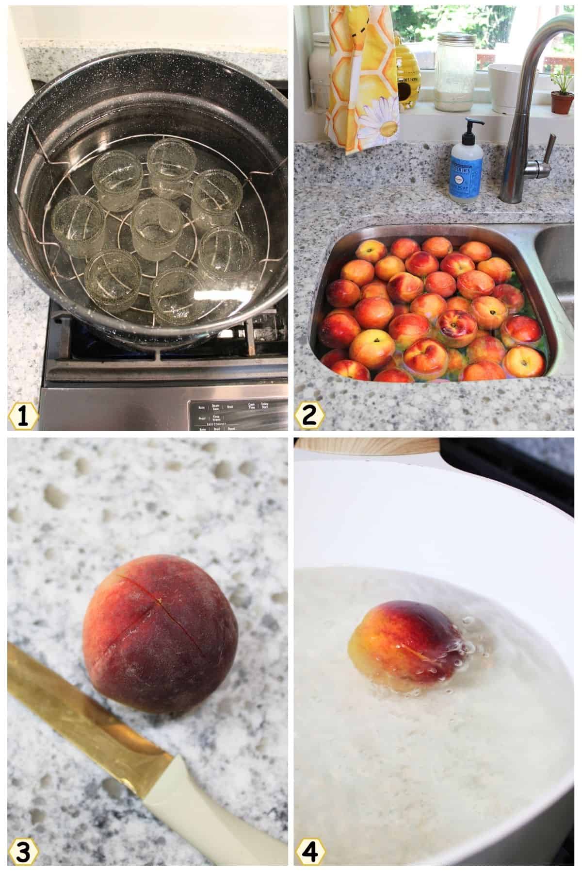 sanitize jars, wash peaches, cut an x on bottom and blanch.