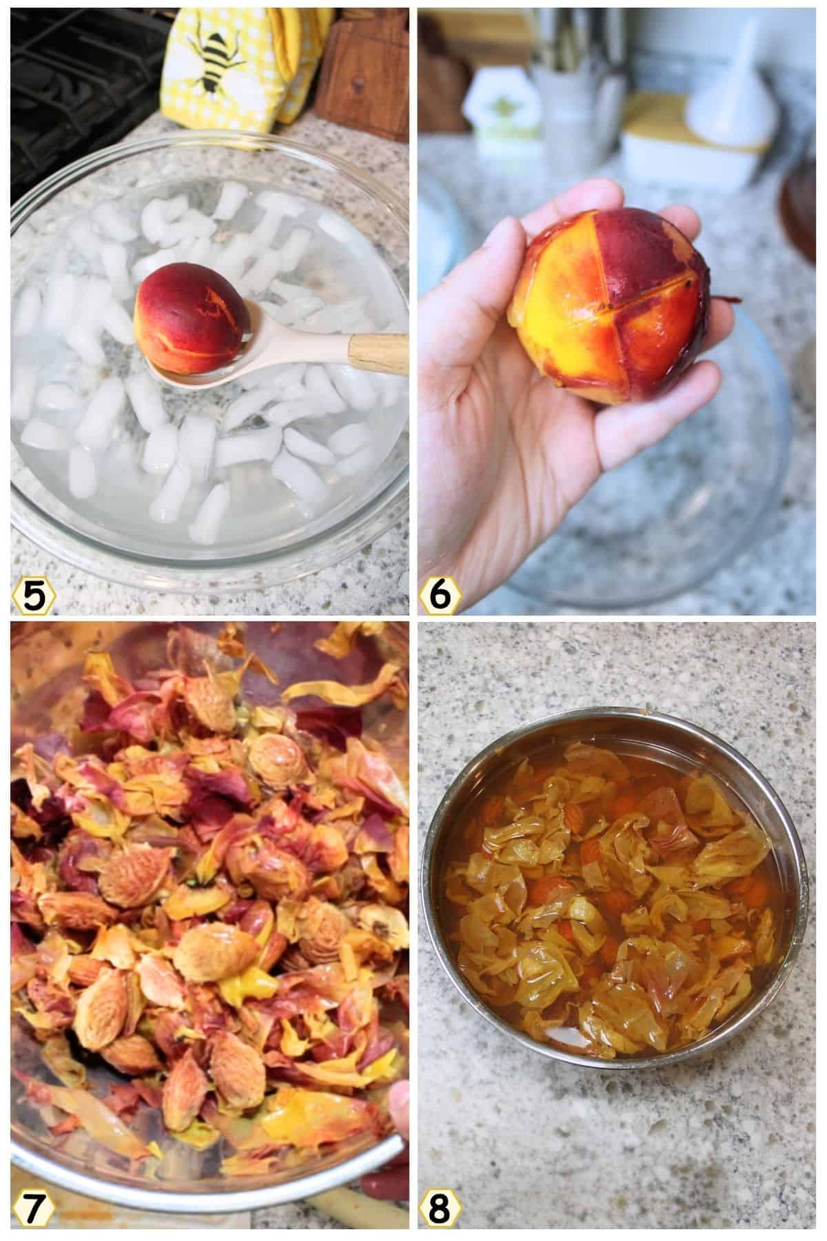 place peach in ice water then peel, reserving skins and pits, soak overnight.
