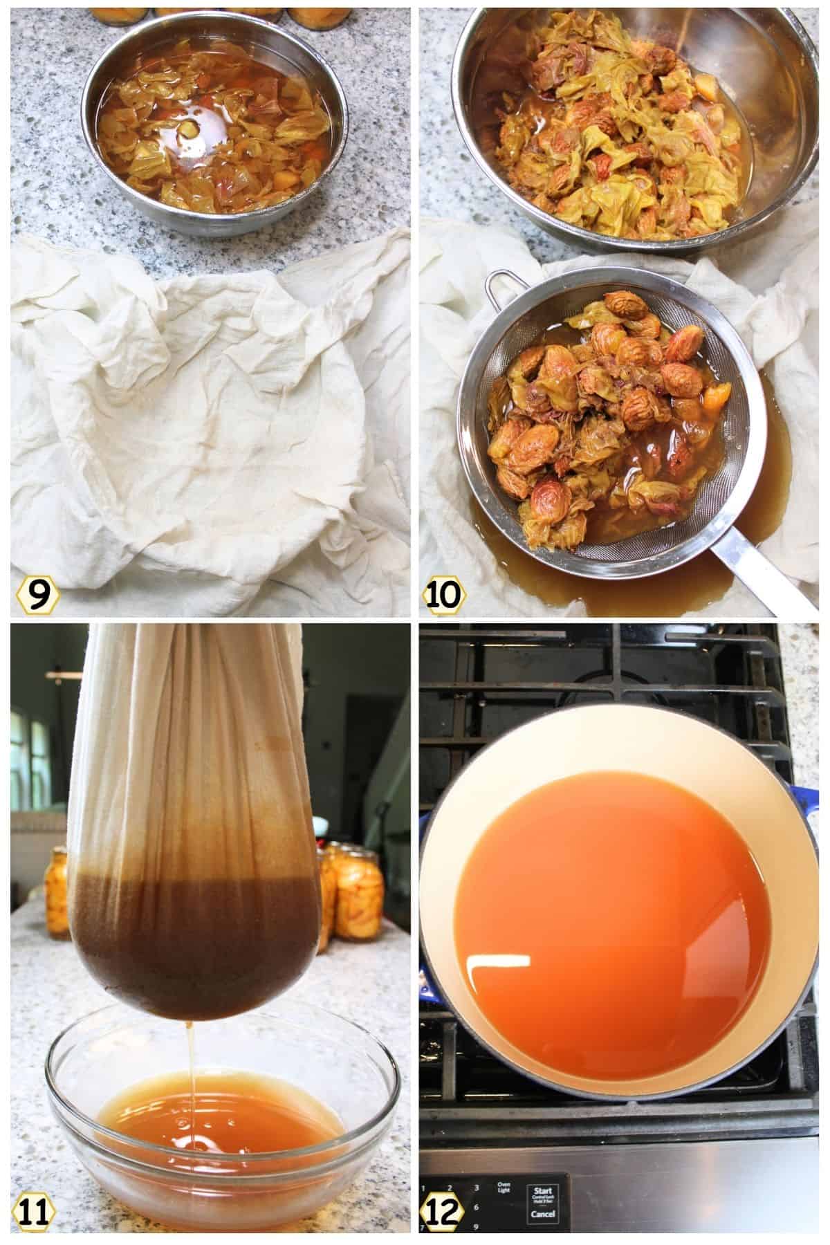cheesecloth and strain solids from peach juice, add some to pot.