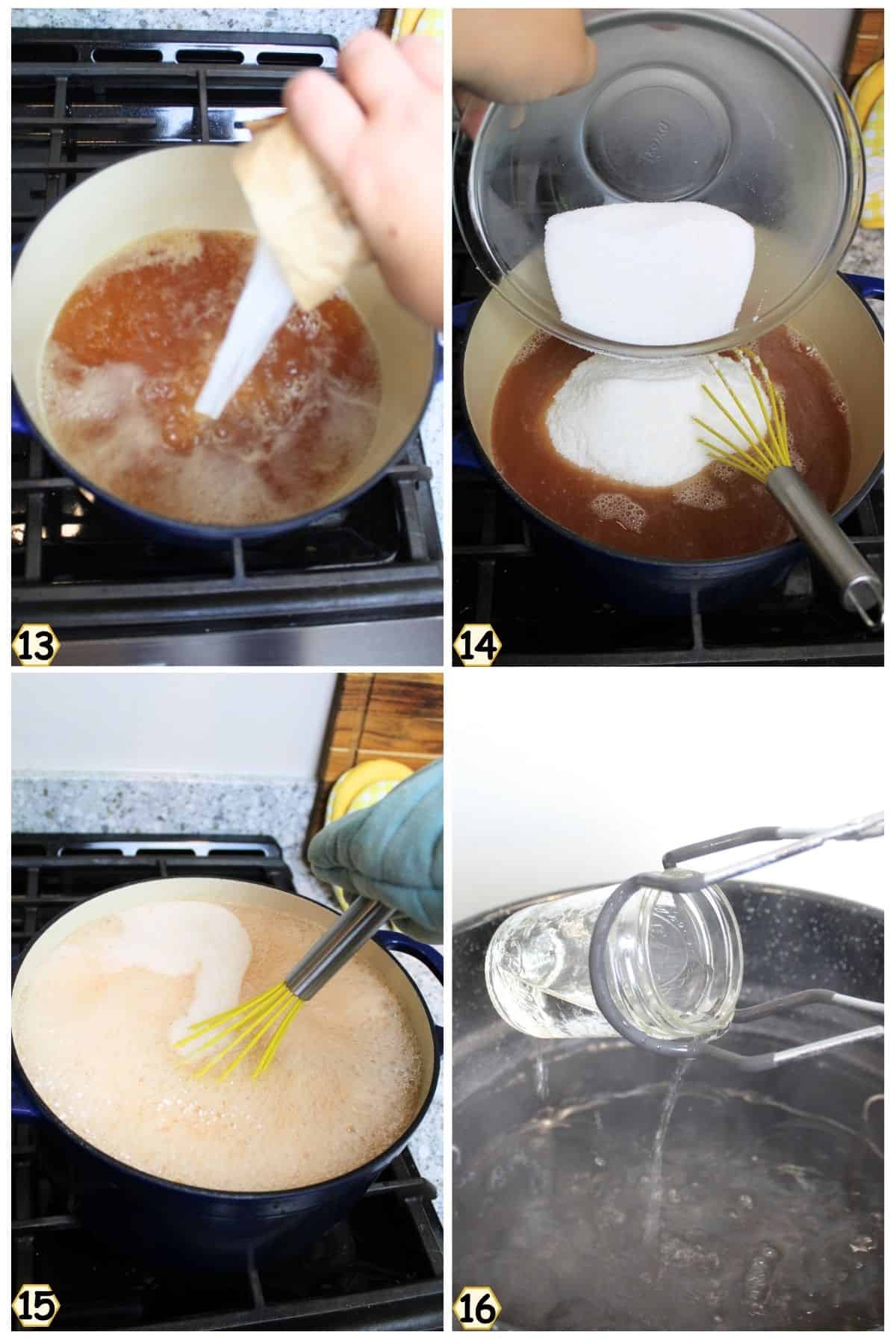 boil and add pectin, then add sugar, boil, and remove jars from pot.