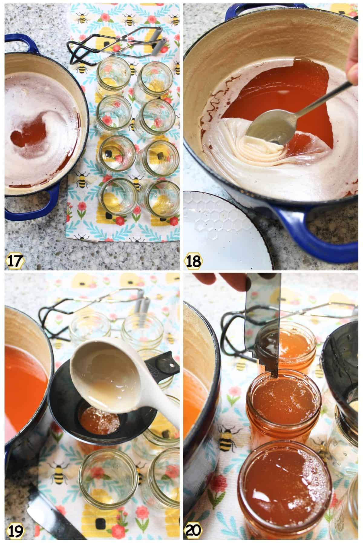 remove skin from jelly, ladel jelly into jars, measure headspace.